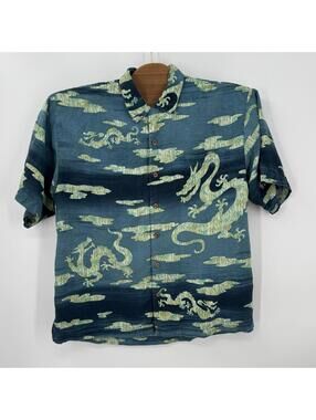 Tommy Bahama Men’s Silk Dragon Hawaiian Shirt Blue Green Camp Aloha Sz: Large